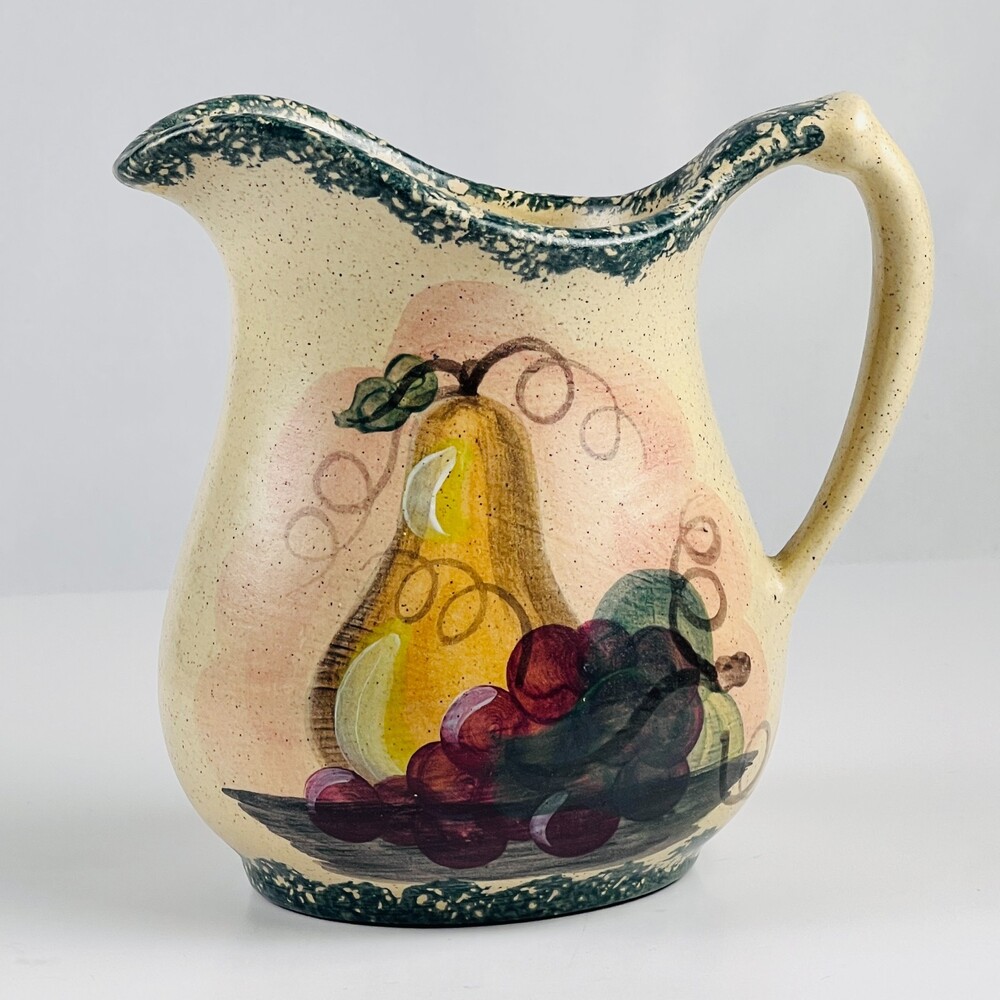 VTG Hand-Painted Ceramic Fruit Pitcher Pear Grapes Spongeware Trim Creamer 5"